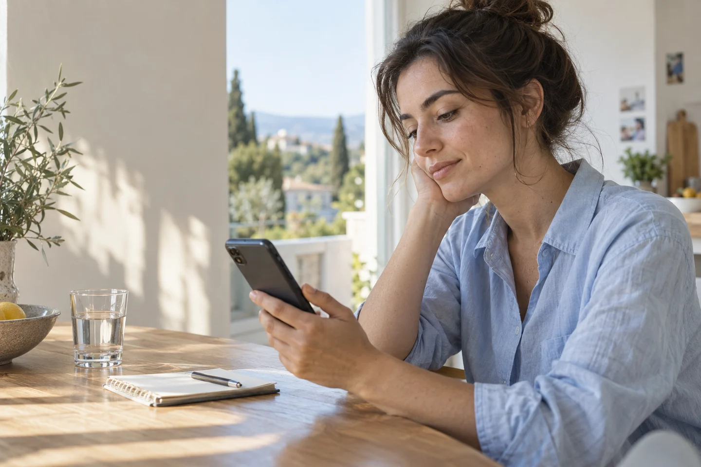 Illustrative scene: a woman uses her phone at a table to continue independently.